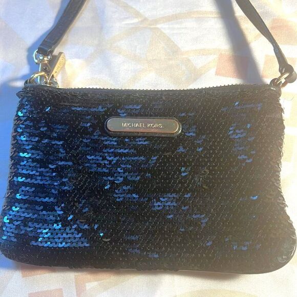 Michael Kors Jet Set Travel Black Sequin Leather Pocket Wristlet Wallet - Picture 2 of 9